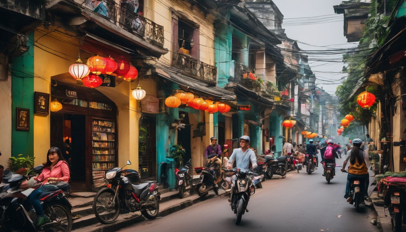 A diverse group of travelers exploring the bustling streets of Hanoi with clear, vibrant cityscape photography.