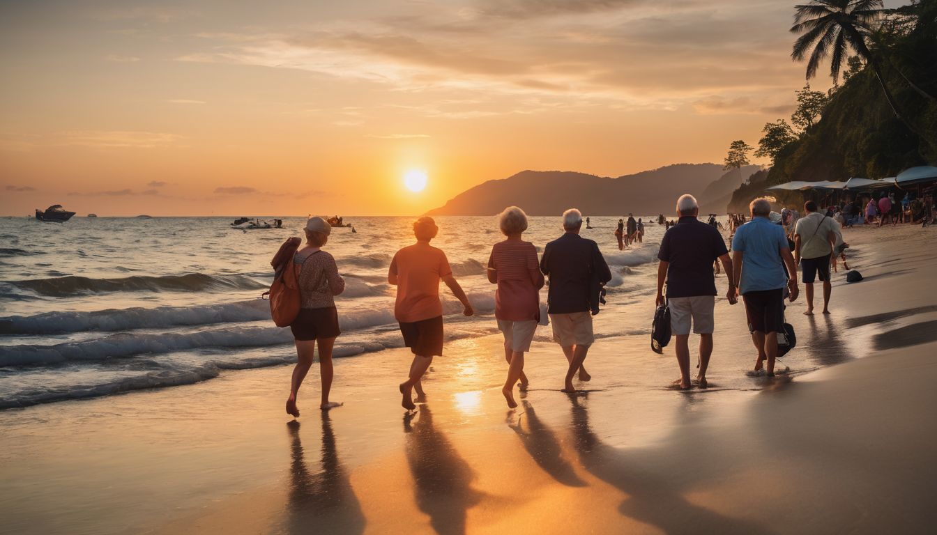 A group of senior tourists enjoying a beautiful sunset on a Phuket beach.