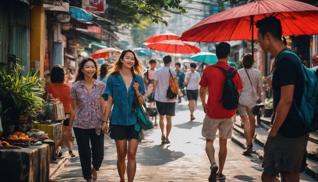 A diverse group of travelers explore the bustling streets of Ho Chi Minh City.