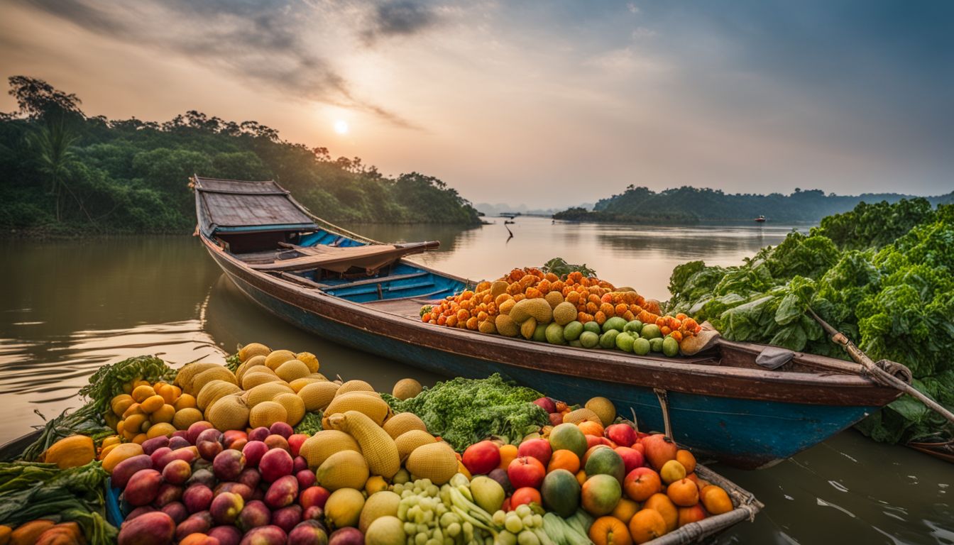 A photo of a traditional Vietnamese boat with colorful fruits and vegetables floating along the Mekong River.