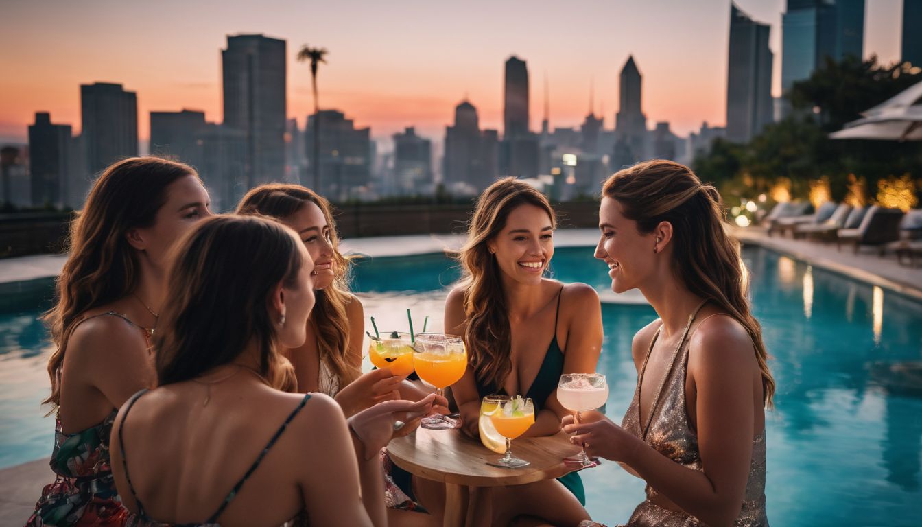 A diverse group of friends enjoy a poolside cocktail while watching a beautiful sunset.