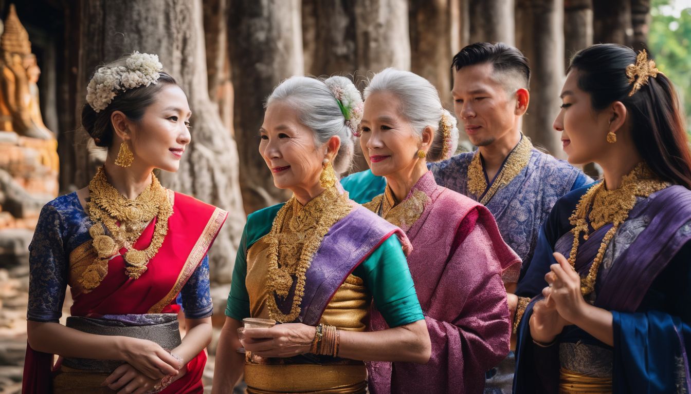 A diverse group of seniors wearing traditional Thai clothing exploring the ancient ruins of Ayutthaya.