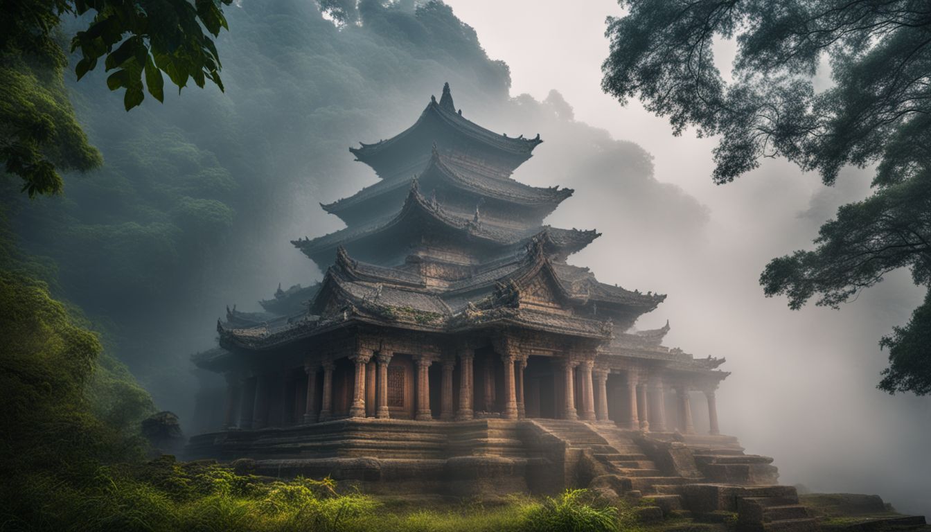 An atmospheric photo of an ancient temple surrounded by mist, featuring diverse people and capturing a bustling atmosphere.