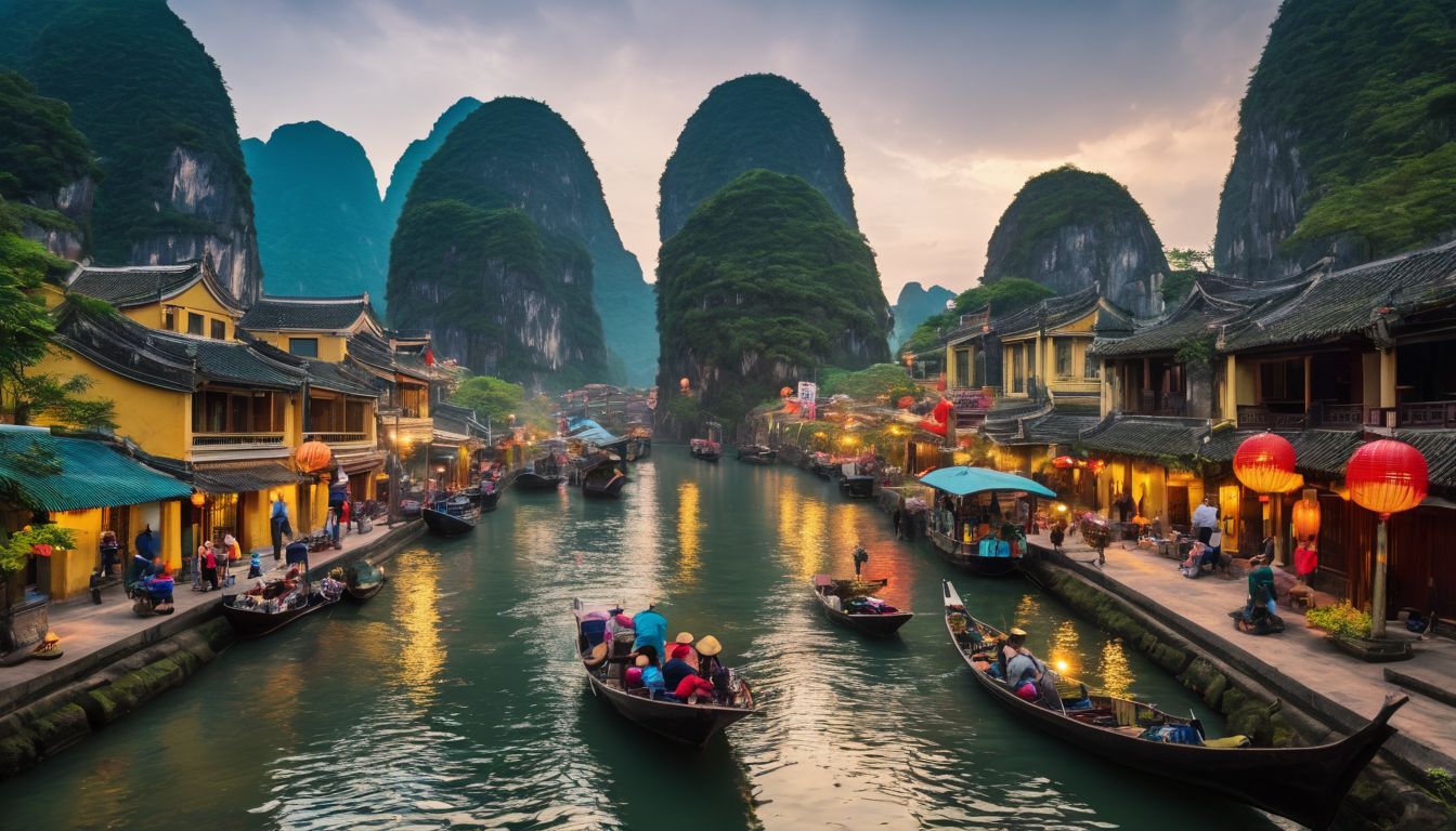 A diverse group of travelers exploring iconic landmarks in Vietnam, captured in a vibrant and bustling atmosphere.