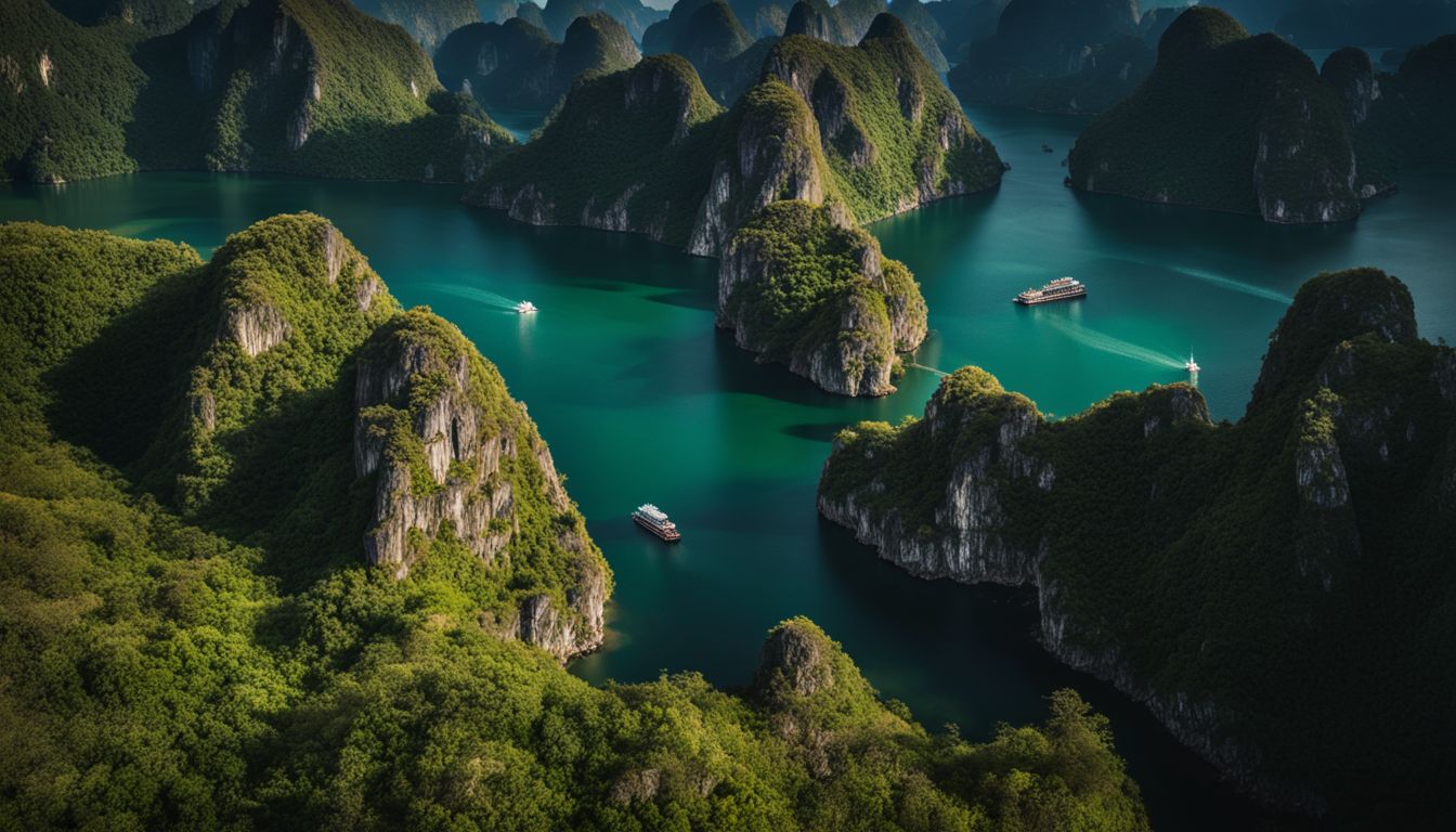 An aerial view of the stunning limestone karsts in Ha Long Bay.
