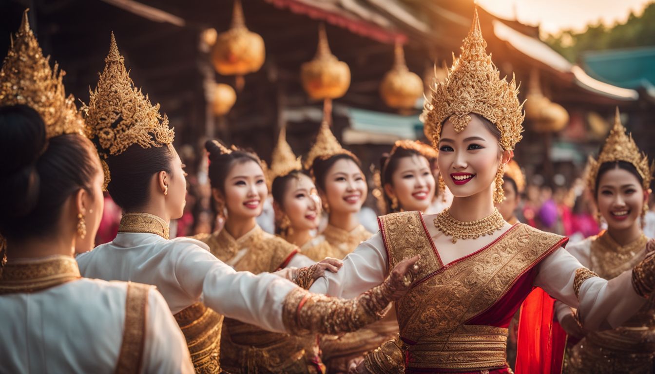 A photo of performers in traditional Thai costumes dancing in sync against a cityscape backdrop.