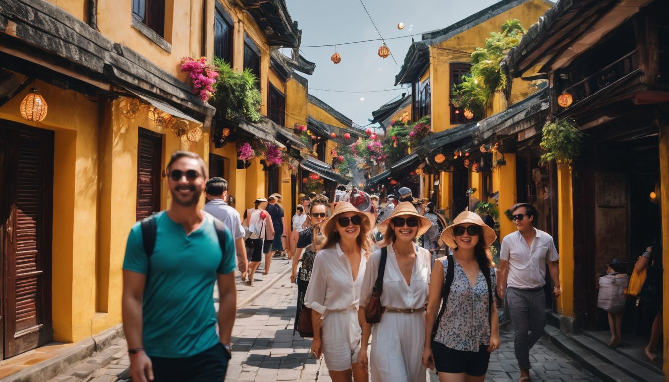 A diverse group of tourists exploring the vibrant streets of Hoi An ancient town.