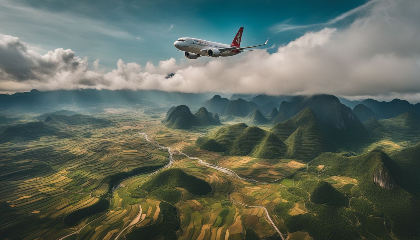 Aerial photograph of a vibrant Vietnamese landscape with a plane flying overhead, capturing diverse people and bustling atmosphere.