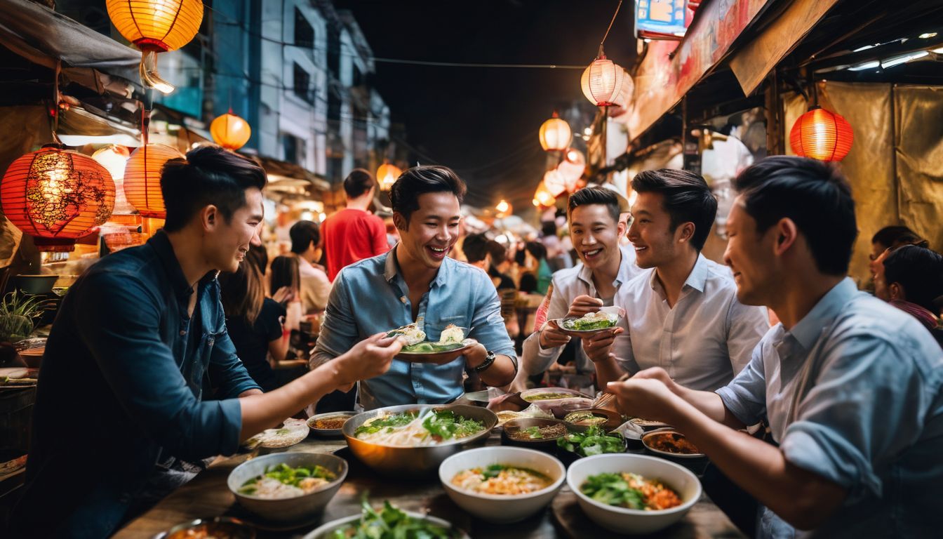 A group of friends enjoying a traditional Vietnamese meal at a bustling street food market.