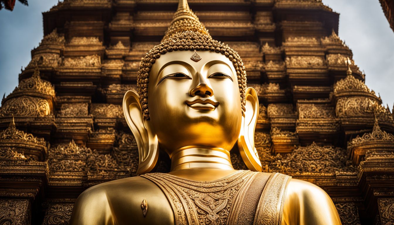 The photo captures the intricate details and serene face of Phra Buddha Chinnarat in a temple setting.