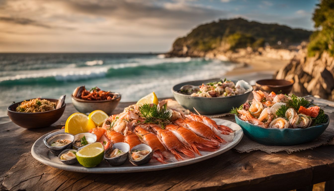 A mouth-watering seafood platter is displayed on a rustic wooden table with a stunning beach backdrop.