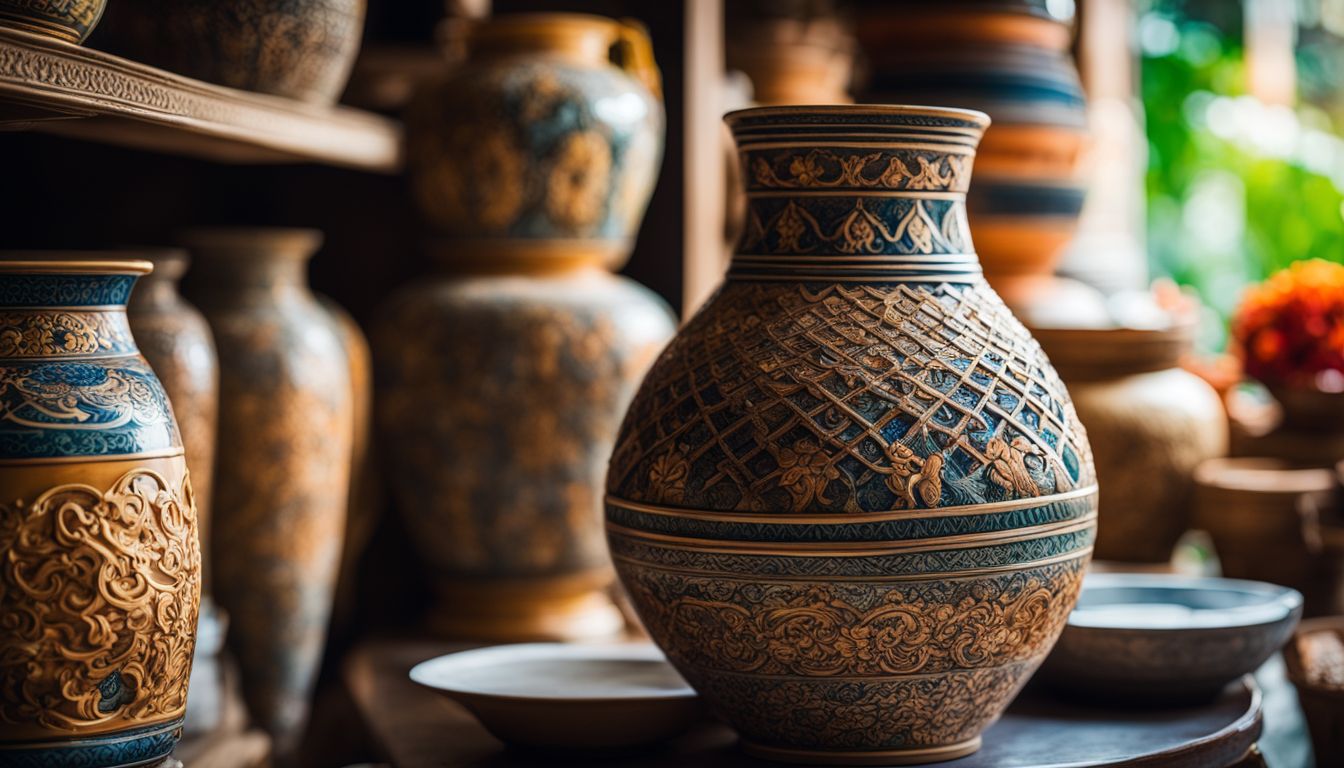 A photo of a Thai ceramic vase surrounded by shelves filled with pottery in an art gallery setting.