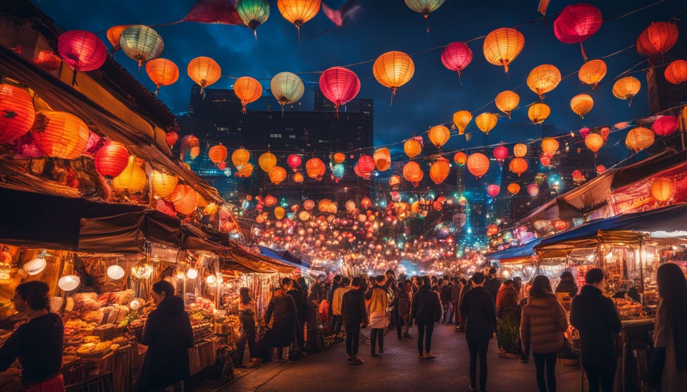 A vibrant night market filled with colorful stalls and bustling activity.