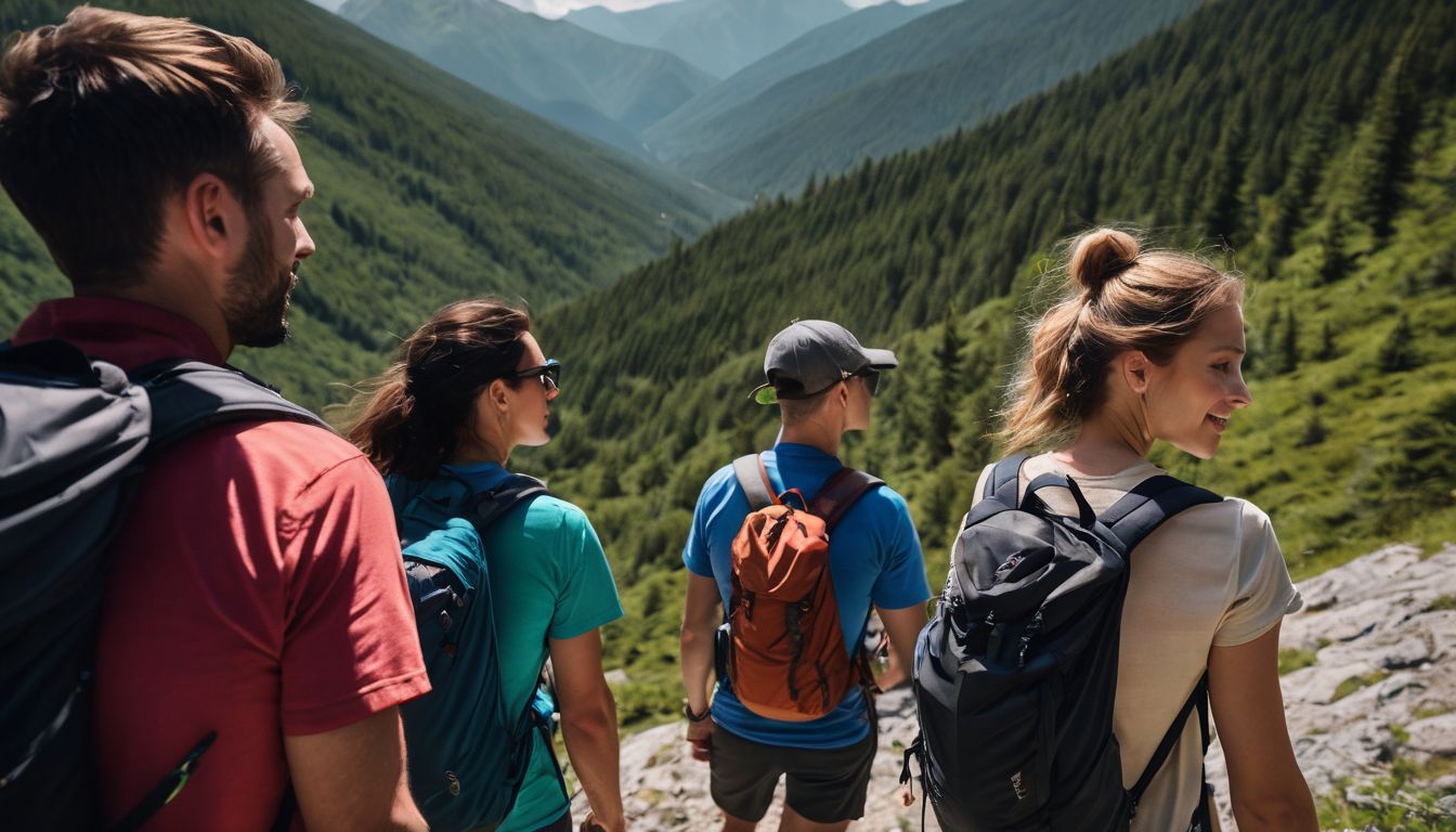 A diverse group of friends hiking in the mountains against a backdrop of lush greenery.