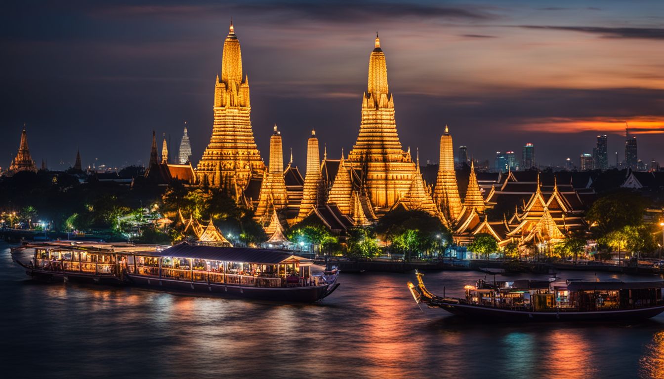 A stunning night shot of the illuminated Temple of Dawn (Wat Arun) with boats on the river and a bustling cityscape.