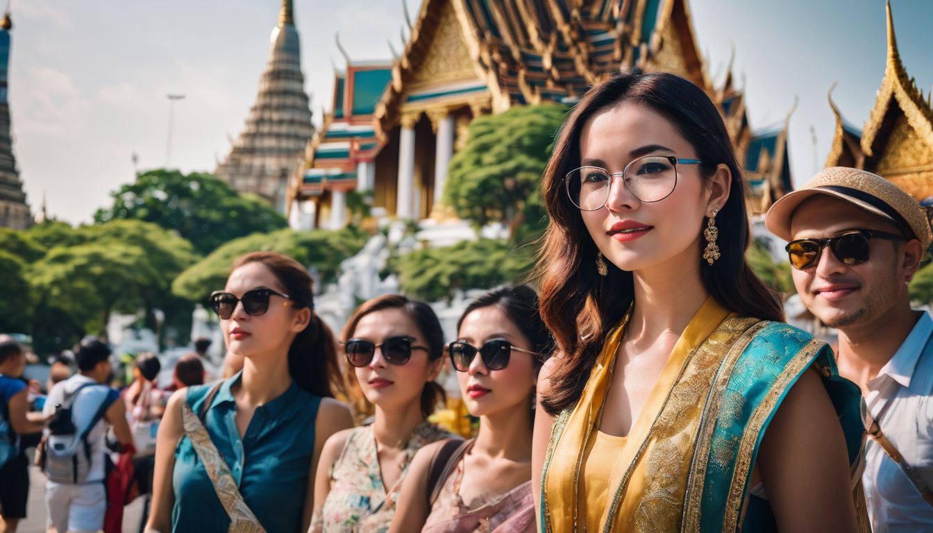 A diverse group of tourists sightseeing in Bangkok surrounded by iconic landmarks.