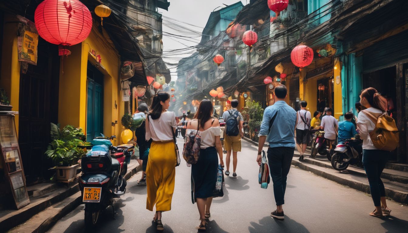 A diverse group of tourists exploring the vibrant streets of Hanoi.