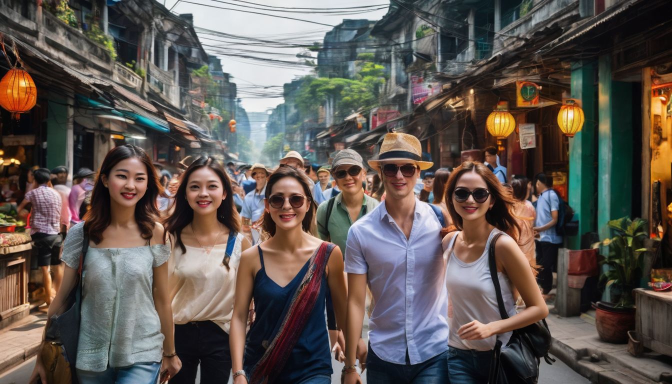 A group of diverse tourists explores the vibrant streets of Vietnam in a bustling atmosphere.