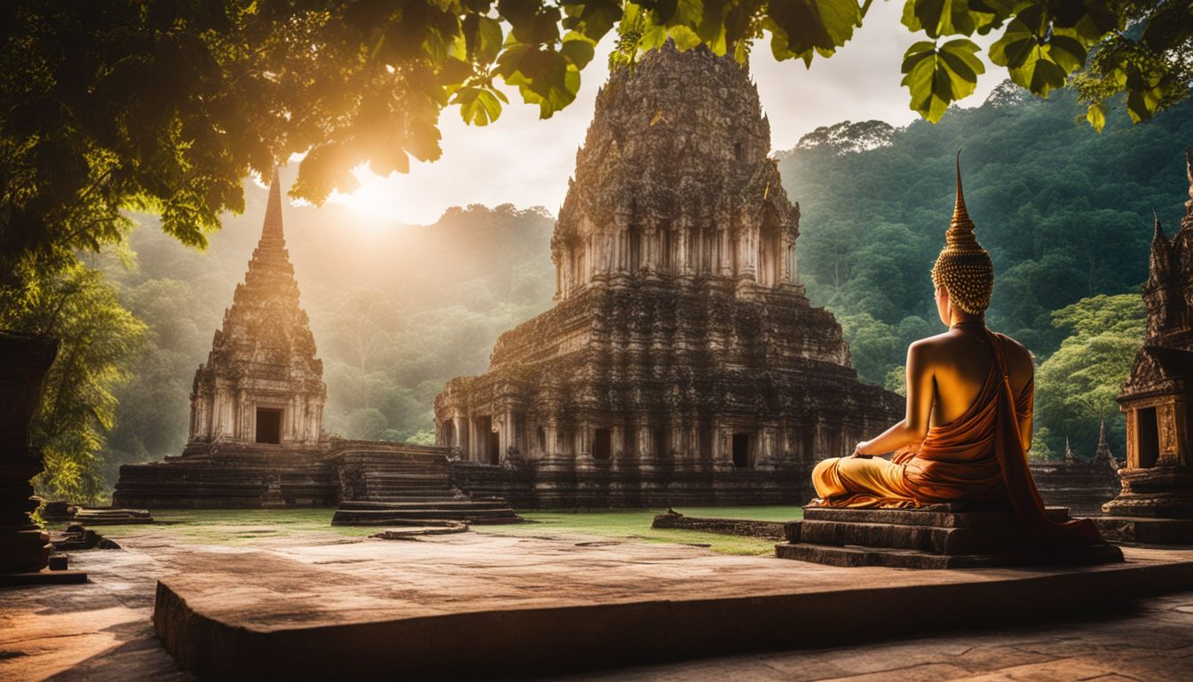 An ancient temple in Thailand surrounded by lush greenery, captured in a bustling atmosphere.