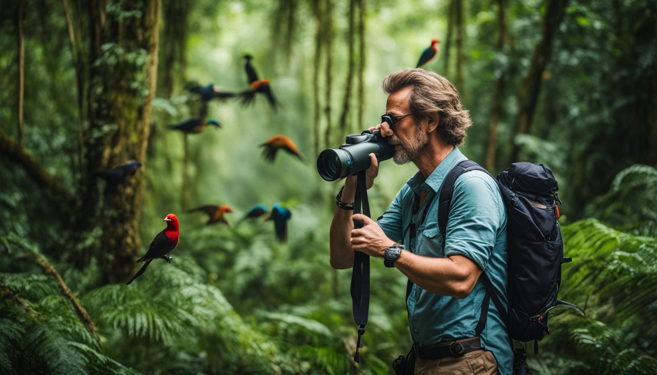 An ornithologist in a Vietnamese rainforest observing birds with binoculars, capturing their beauty in detailed photographs.