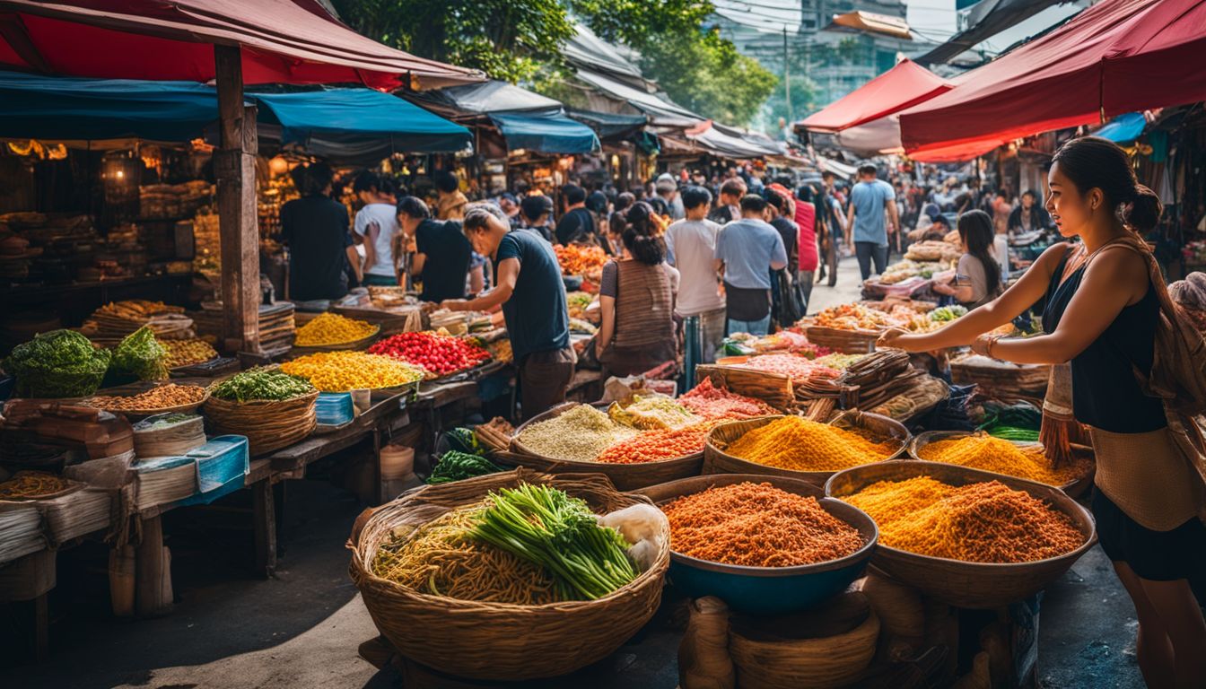 A vibrant Thai street market teeming with diverse faces, food stalls, and a bustling atmosphere.