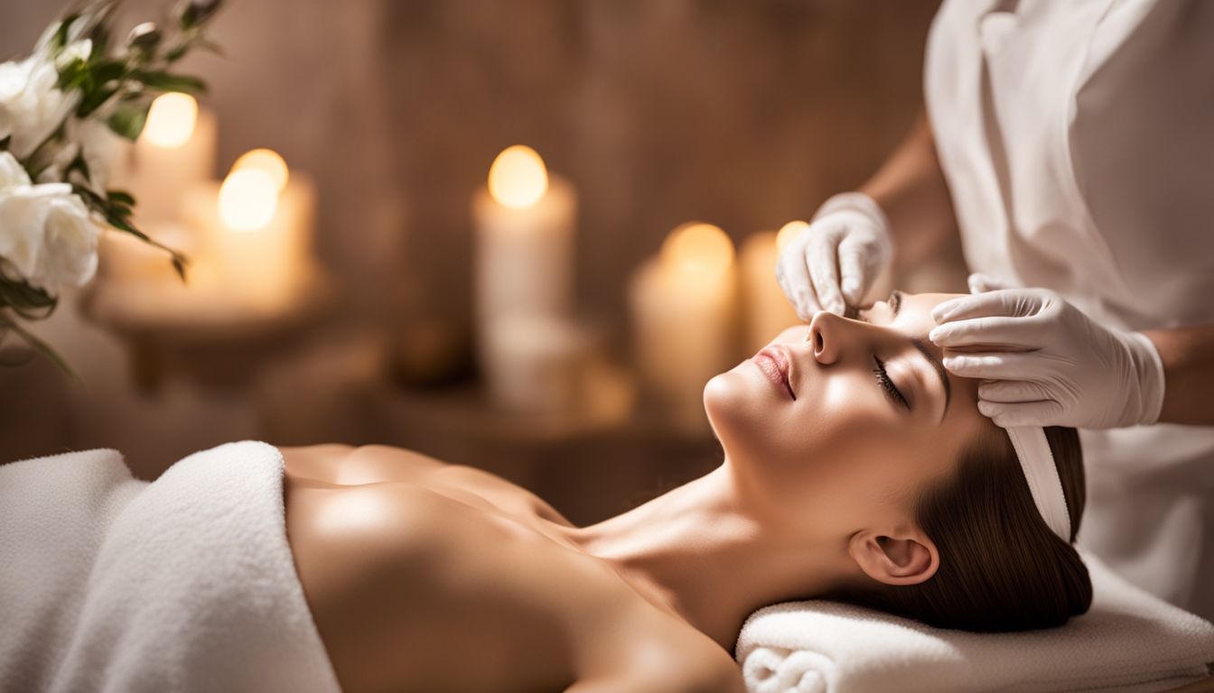 A woman enjoying a luxurious facial treatment in a serene spa environment.
