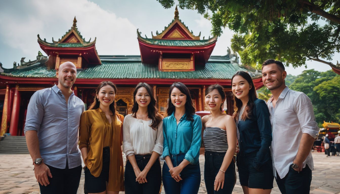 A diverse group of travelers stands in front of a traditional Vietnamese temple in a bustling cityscape.