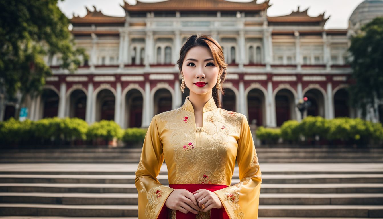 A woman wearing a traditional Vietnamese ao dai stands in front of the Saigon Opera House.