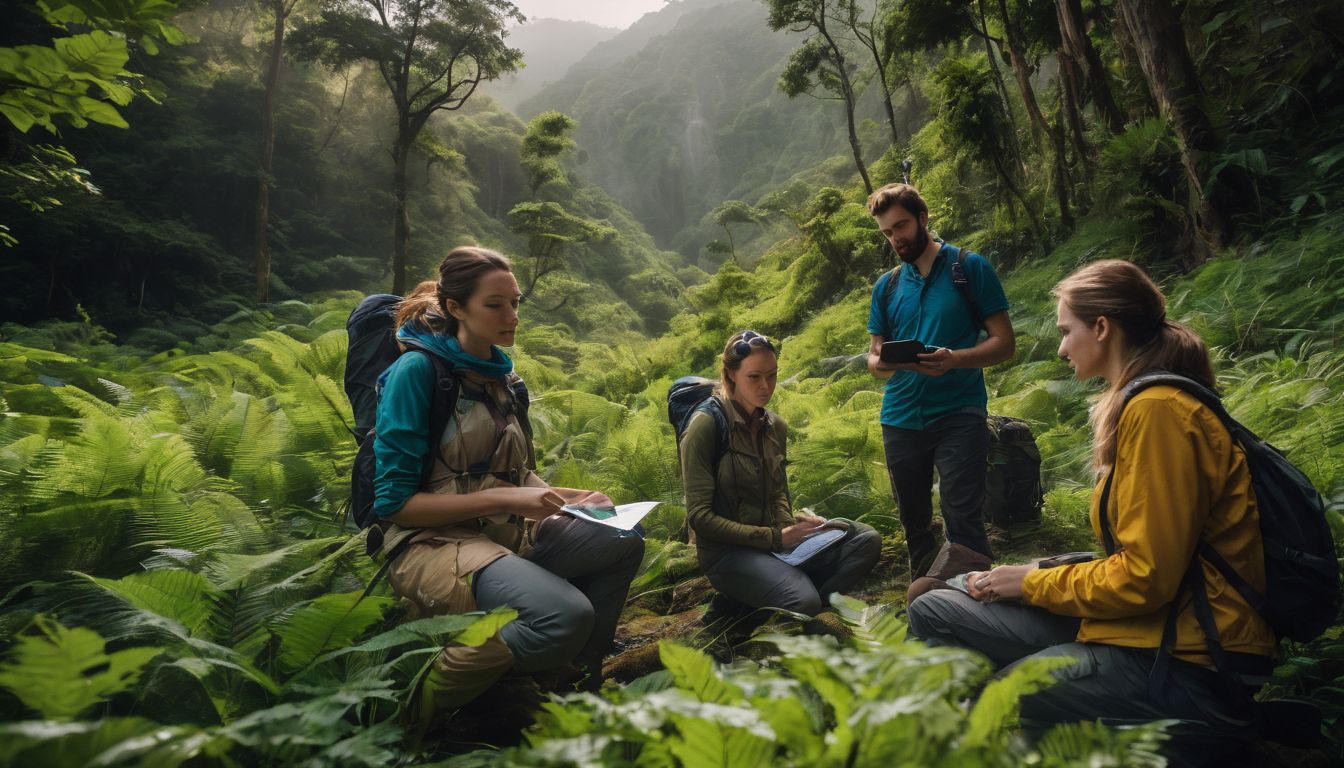 A group of researchers conducting a field study surrounded by lush greenery and wildlife.