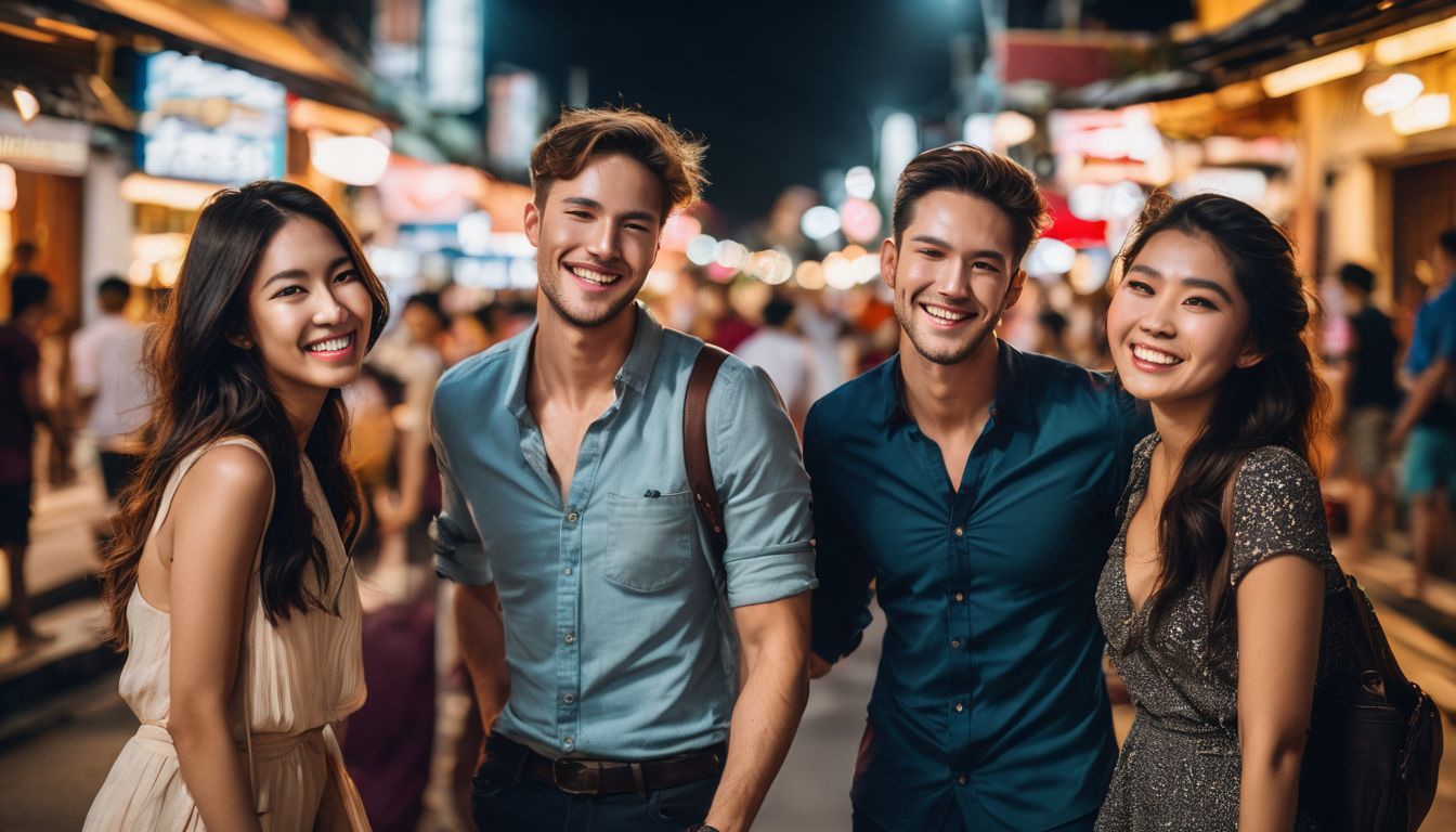 A diverse group of young adults are having a joyful time exploring the vibrant streets of Thailand.