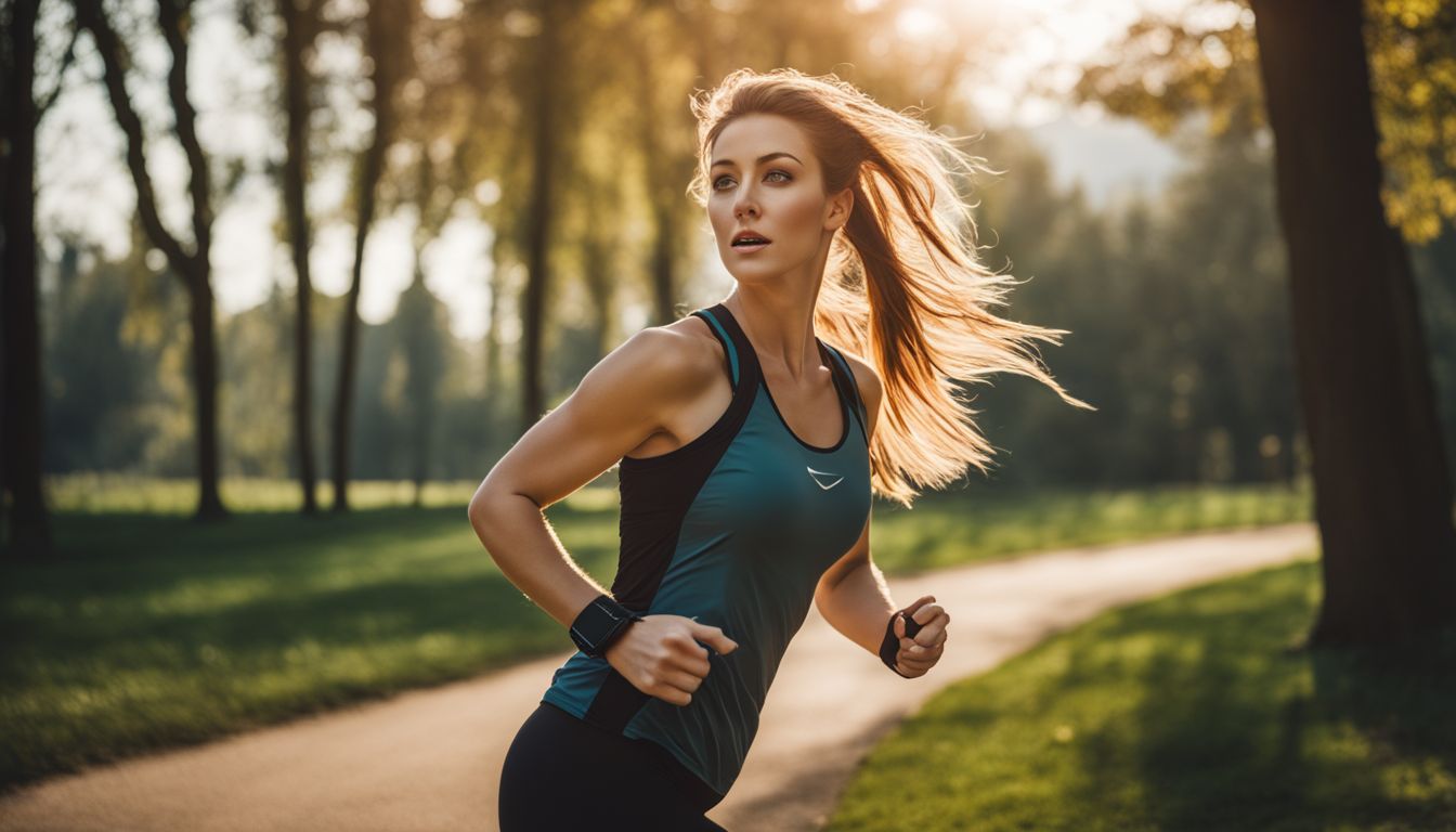 A woman wearing a fitness tracker while jogging in a park.