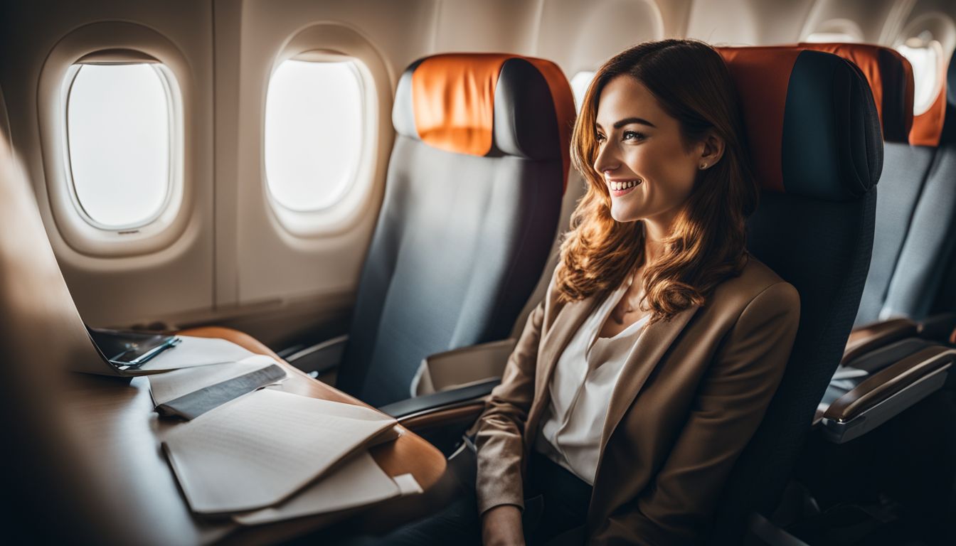 A woman enjoys her domestic flight, taking in the view with a smile.