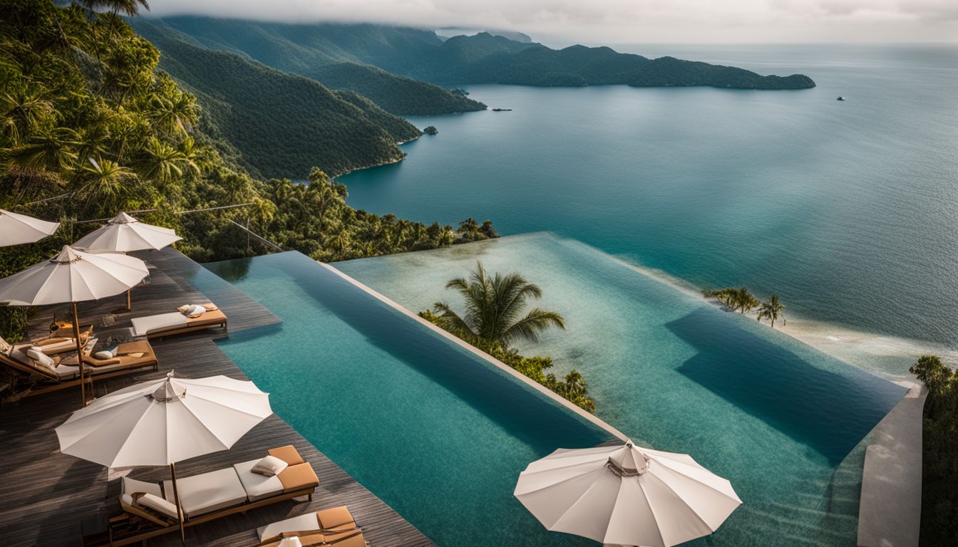 The photo features a bustling infinity pool overlooking a bay with various people enjoying the scenic view.
