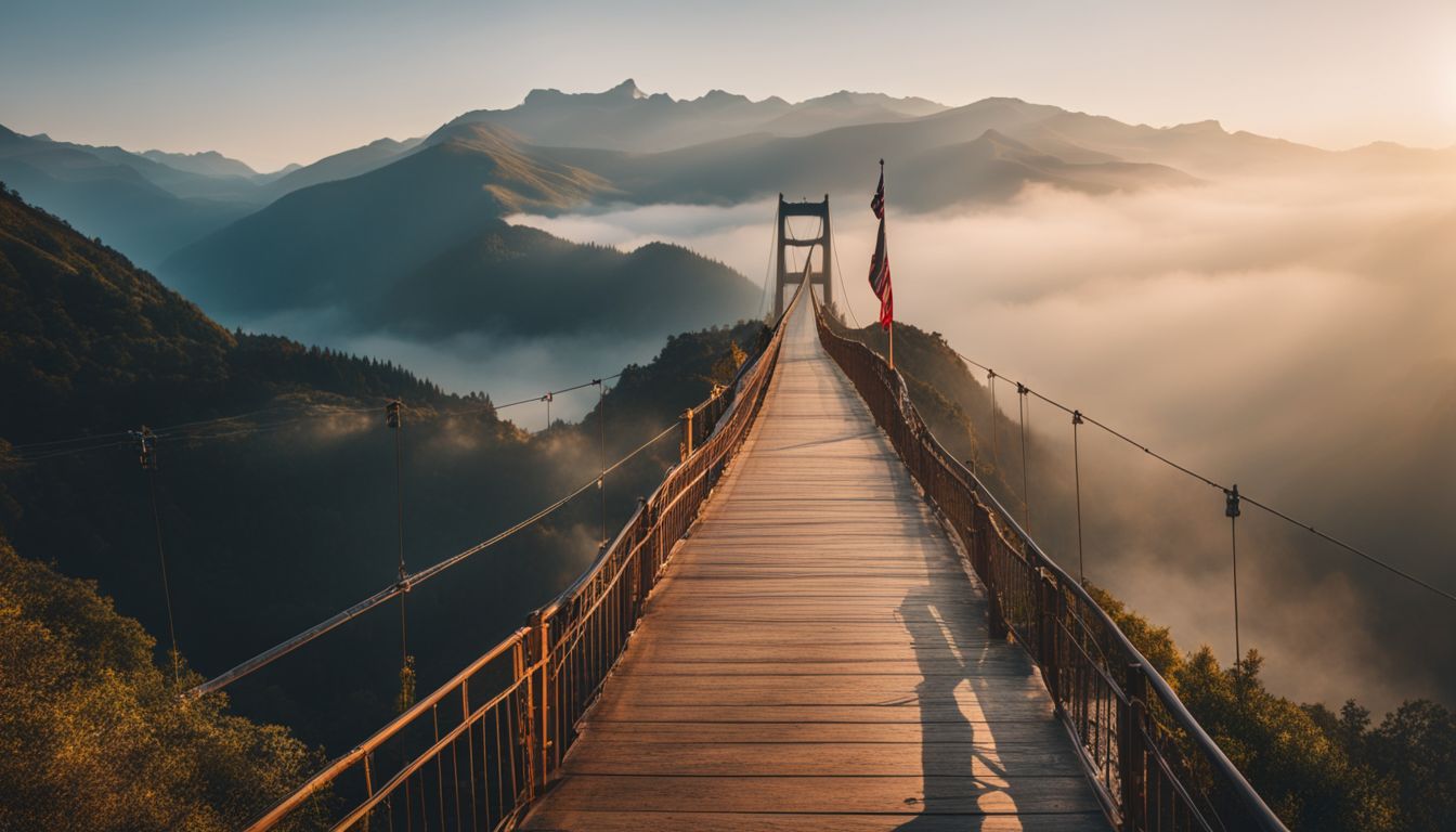 A stunning photograph of The Golden Bridge surrounded by misty mountains, with a bustling atmosphere and various people enjoying the view.