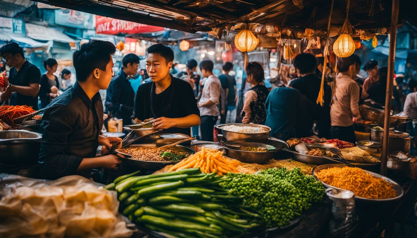 Locals gathered around a street food stall in Vietnam, capturing the vibrant atmosphere and diverse individuals.