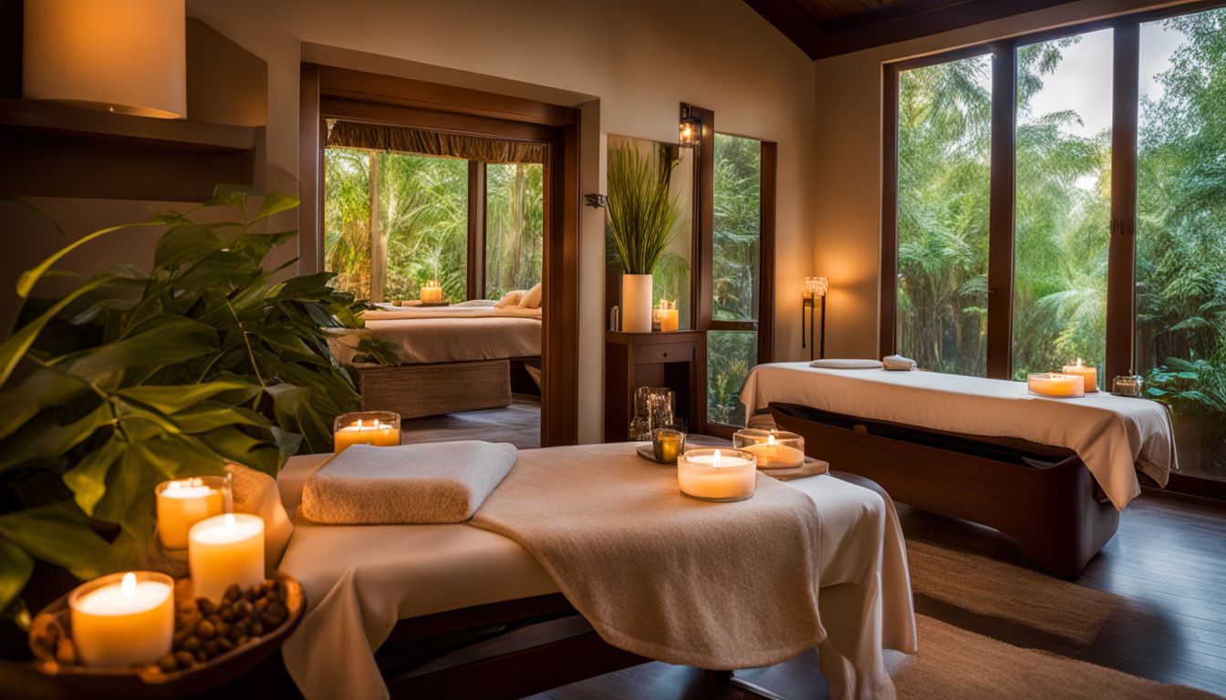 A tranquil spa setting with a massage table, candles, and soothing decor featuring diverse individuals with different looks and outfits.