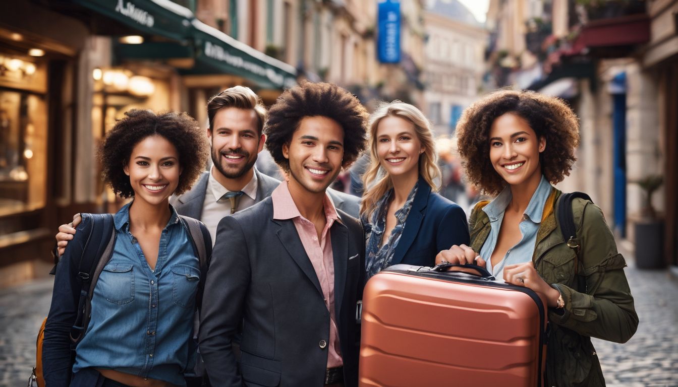 A diverse group of tourists with luggage receives assistance from a friendly travel agent in a bustling travel agency office.
