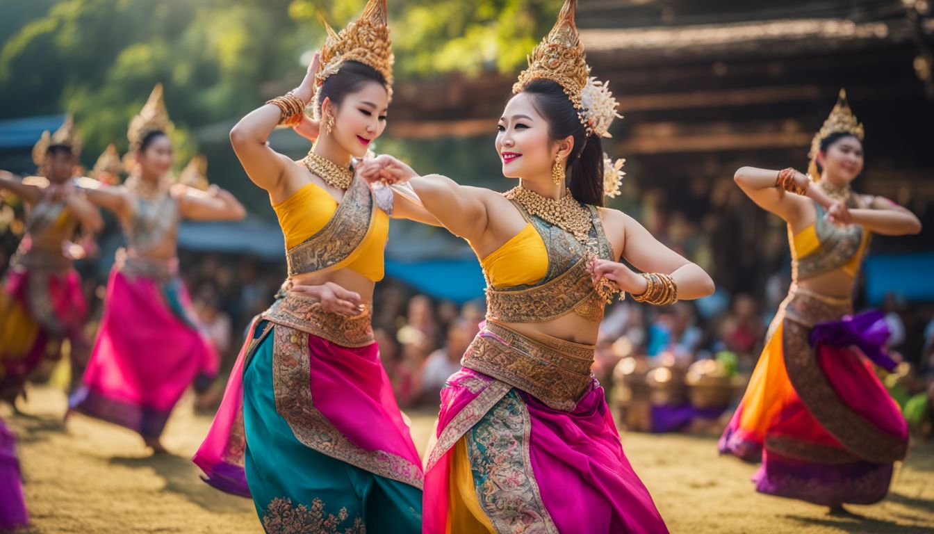 A vibrant photo capturing Thai dancers in traditional costumes performing outdoors in a bustling atmosphere.