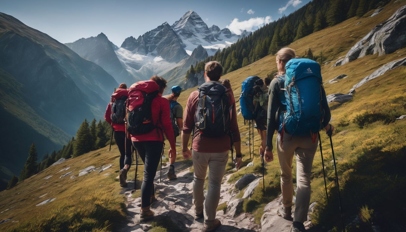 A group of diverse travelers hikes together in a scenic mountain landscape.