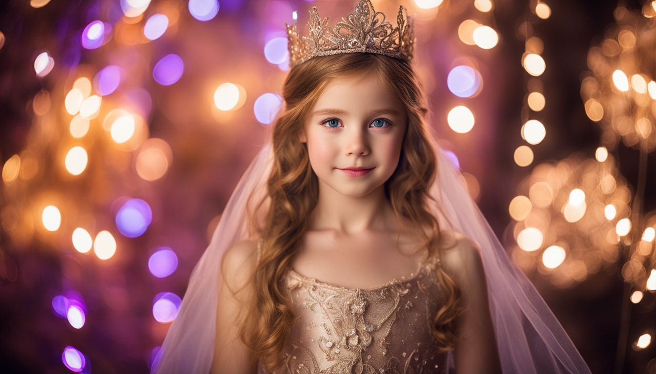A young girl dressed in a princess costume surrounded by fairy lights and mystical creatures in a studio setting.