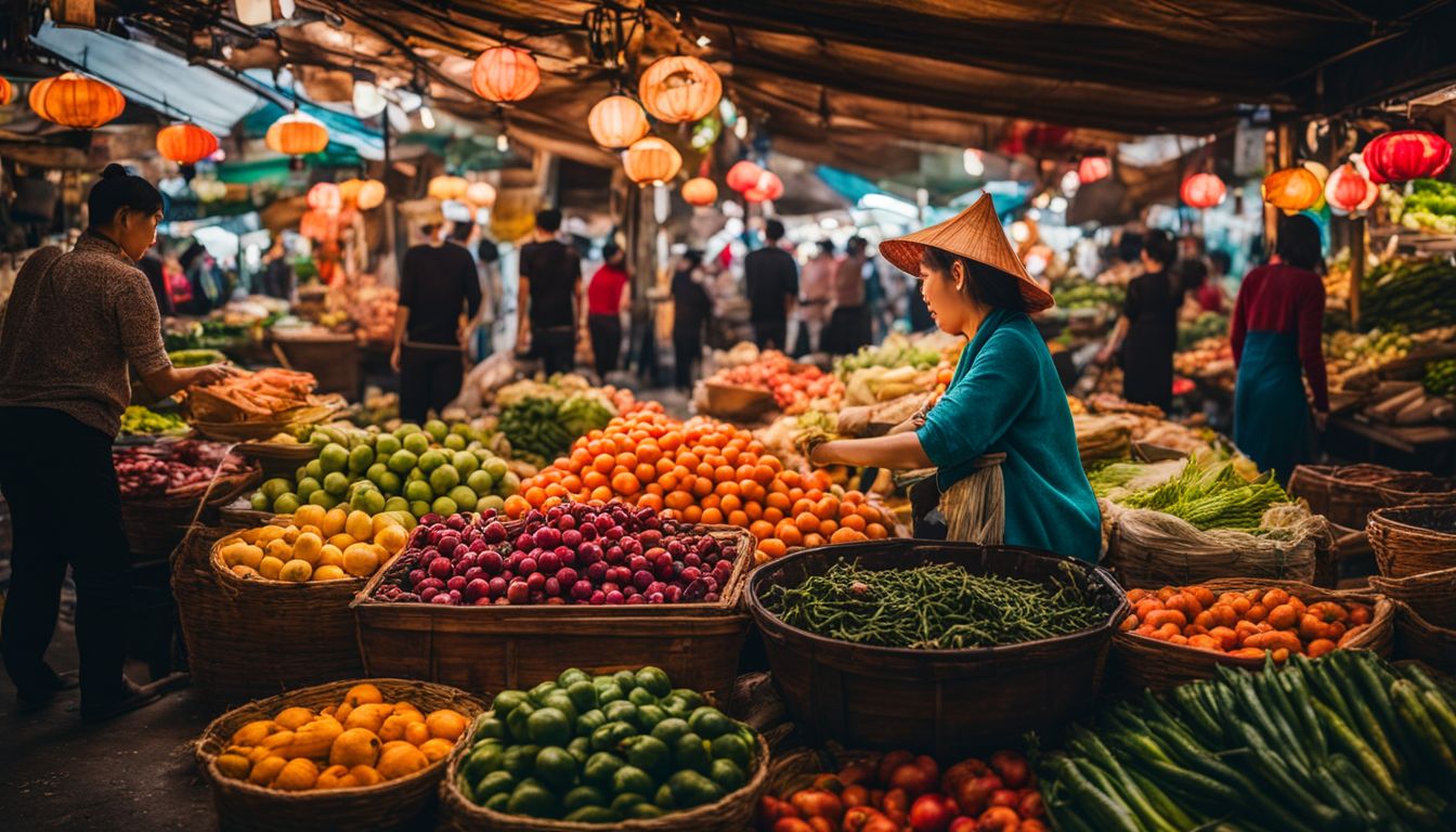 A vibrant Vietnamese street market filled with fresh produce and traditional ingredients, bustling with activity.