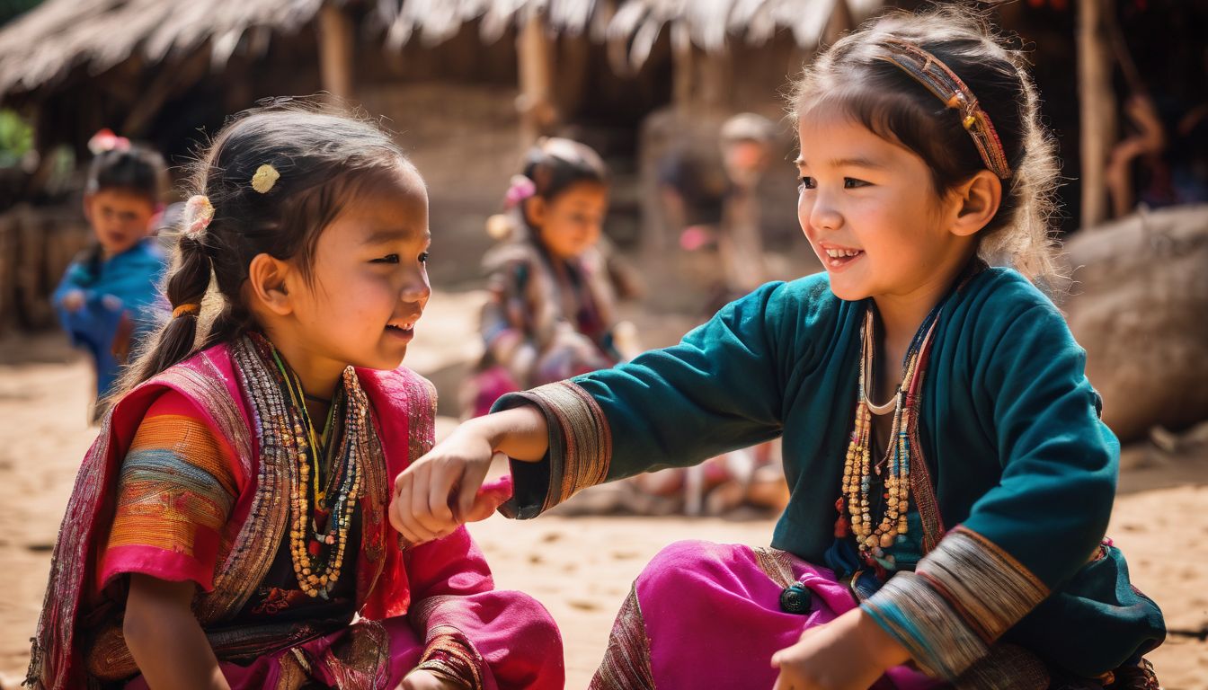 Caucasian and hill tribe children play together in a vibrant cultural setting captured in a documentary-style photograph.