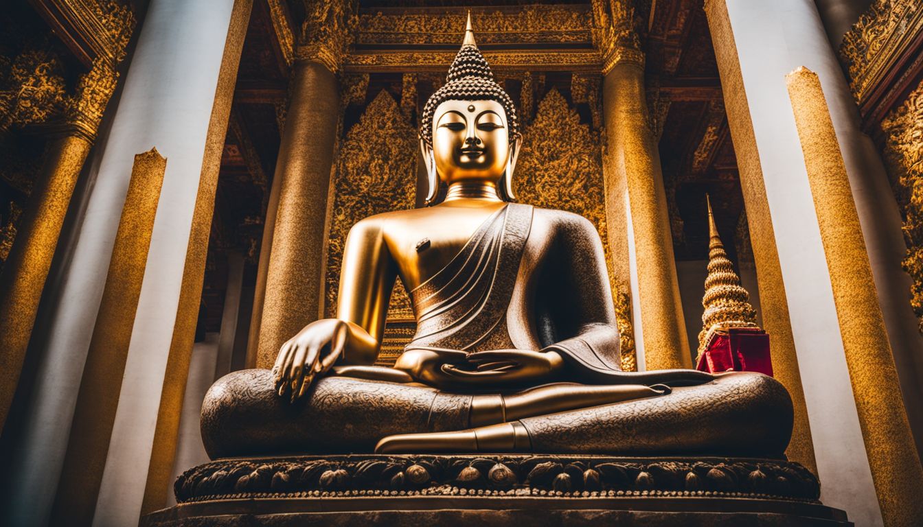 A photo of the Phra Buddha Chinnarat statue in Wat Phra Si Rattana Mahathat surrounded by ornate temple architecture.