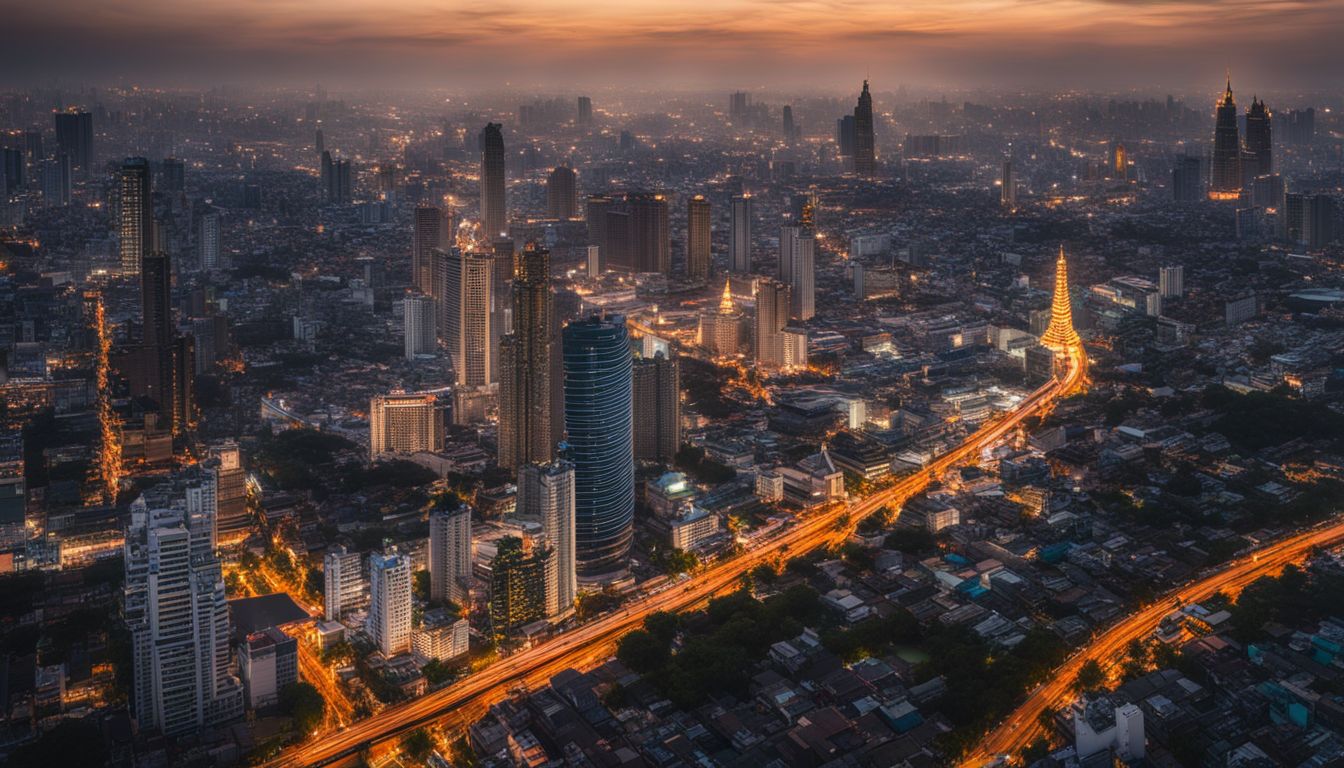 An aerial view of bustling Bangkok's cityscape at sunset, showcasing vibrant streets, landmarks, and diverse people.