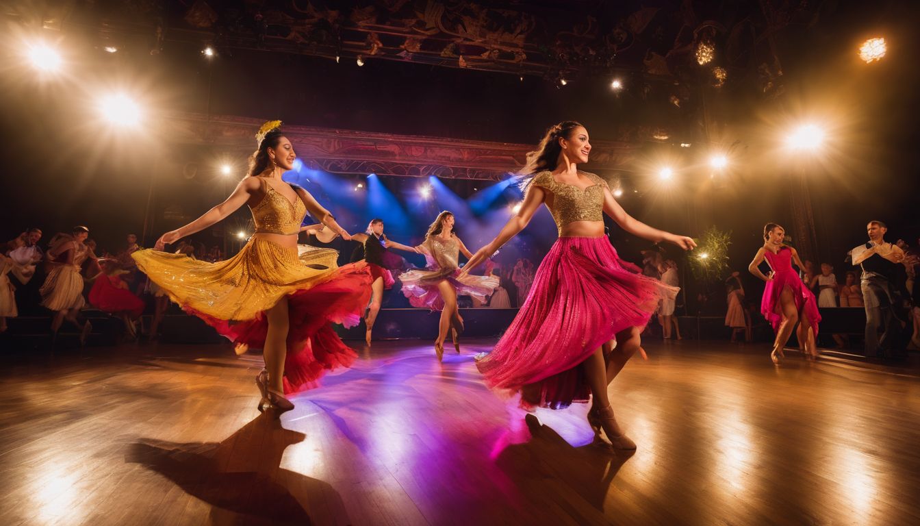 A vibrant stage performance of traditional Latin dances featuring a diverse group of dancers in different outfits.