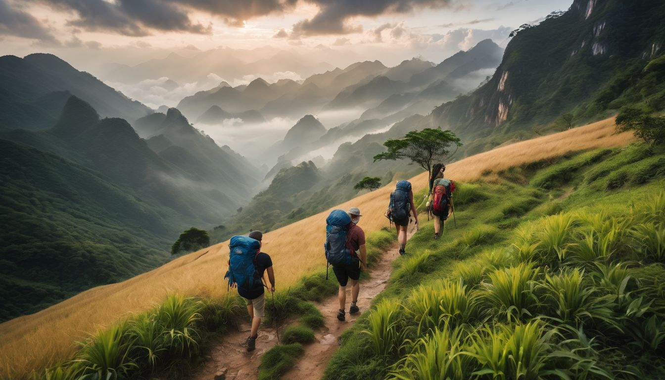 A diverse group of tourists hiking through the misty mountains of Vietnam in a scenic landscape.