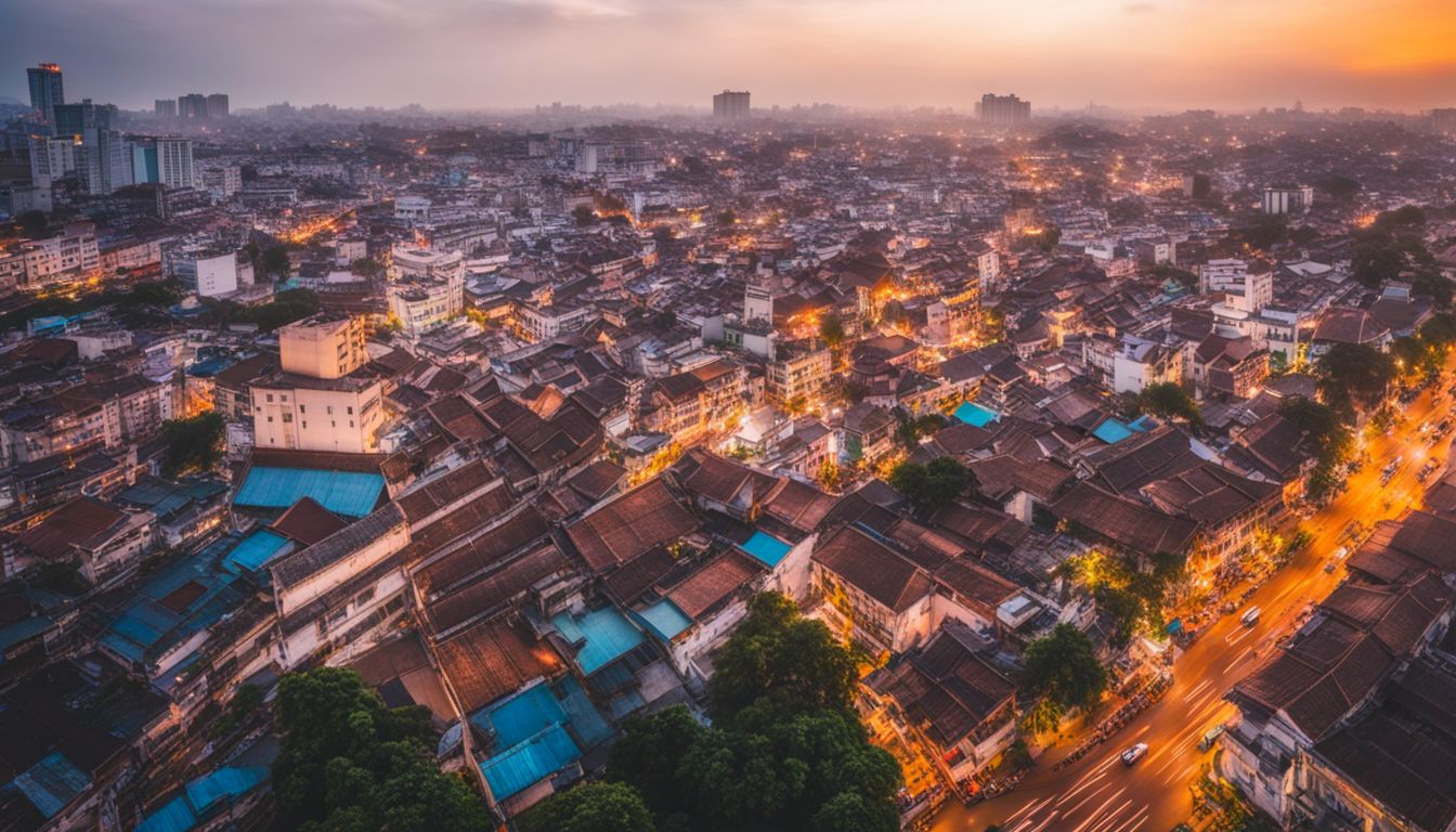 A panoramic shot of the vibrant city of Hanoi at sunset, showcasing its bustling atmosphere and diverse population.