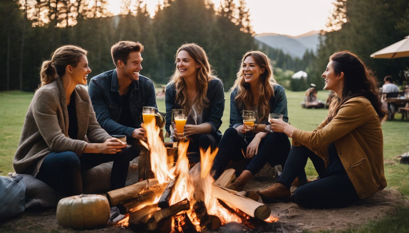 A diverse group of friends gather around a bonfire in a backyard, enjoying drinks and conversation.