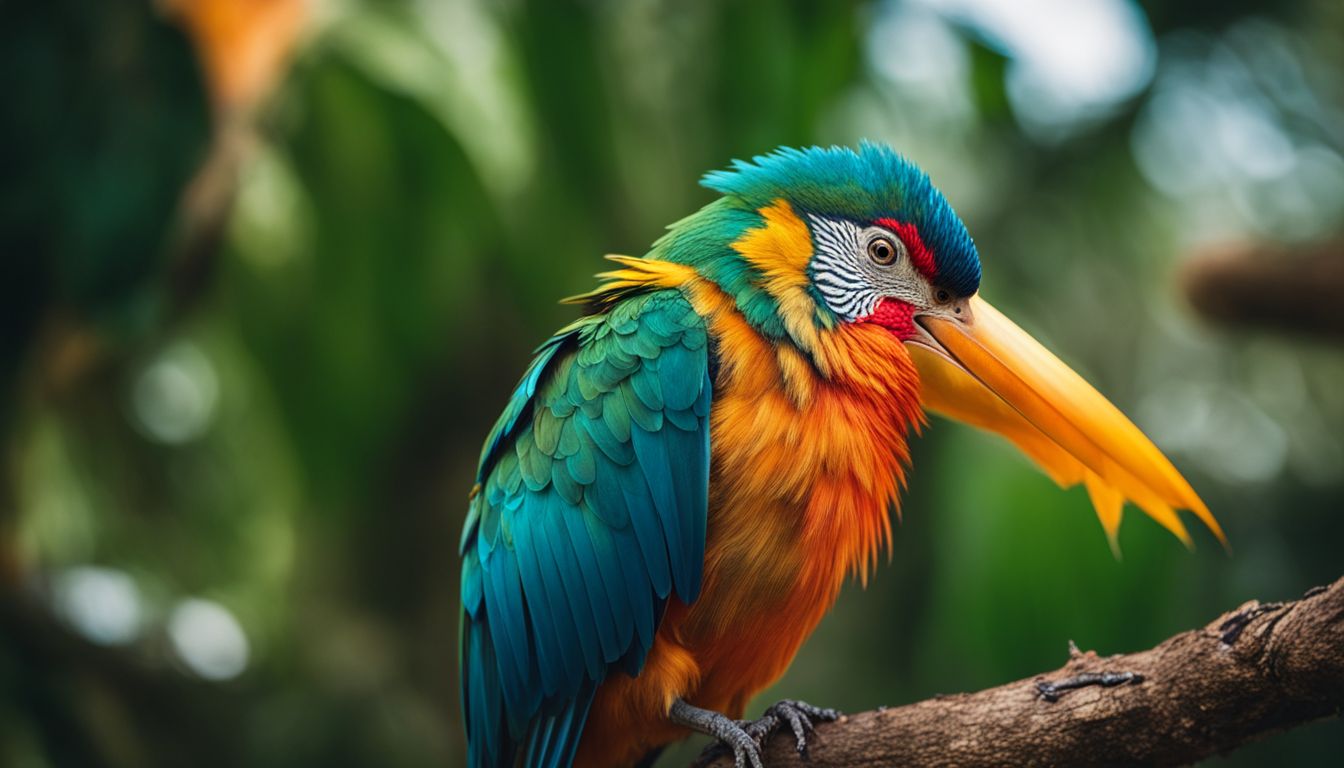 A vibrant close-up shot of a tropical bird perched on a tree branch in a bustling atmosphere.