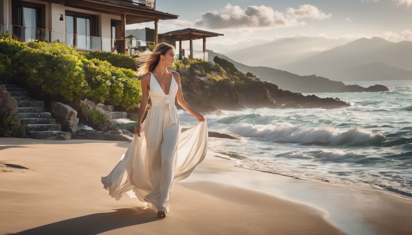 A couple walks hand in hand through a luxurious villa resort with stunning ocean views.